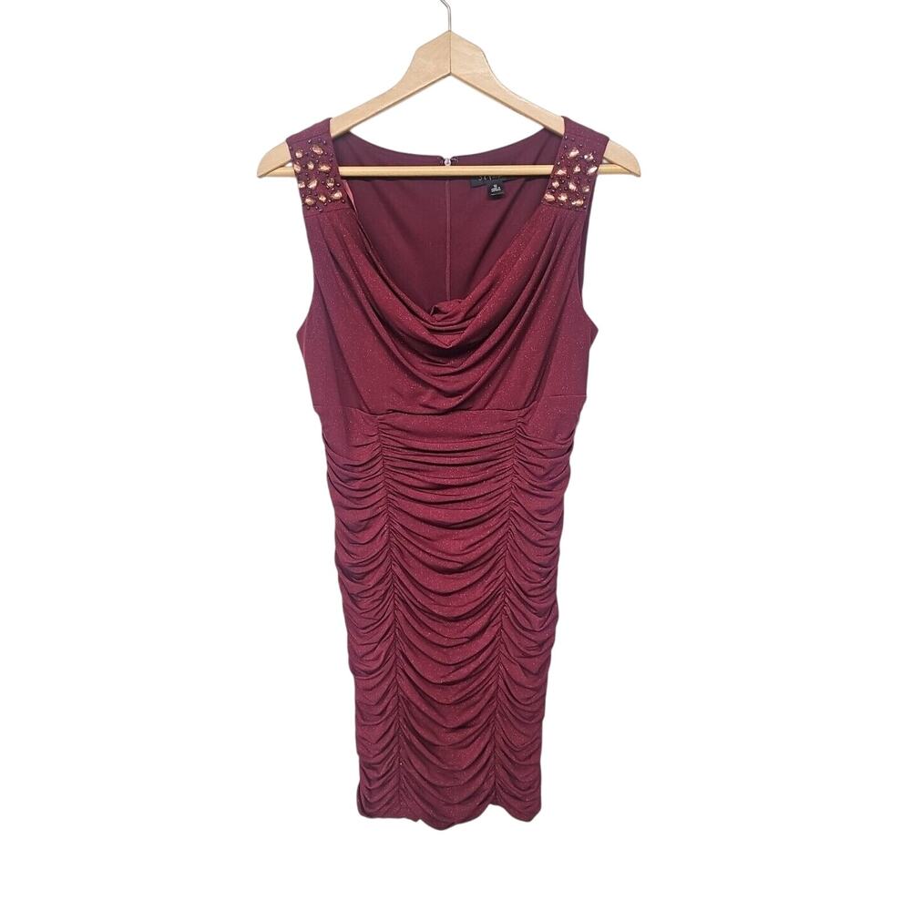 SL FASHIONS Y2K Womens Ruched Knee Length Dress SZ 12 BURGUNDY Rhinestones Glam